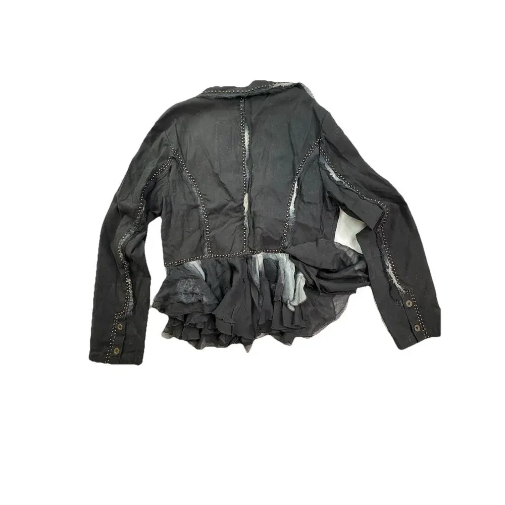 Vtg Seandara Gothic Romance Women M Black Appliqué Jacket Ruffle 90's Y2K Witchy